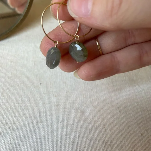Handmade Labradorite Hoop Earrings 14k gf. Everyday earrings, shower safe! - Picture 3 of 6